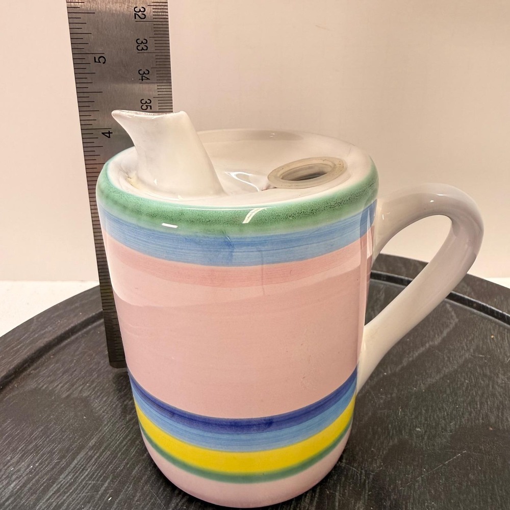 VTG Caleca Italy Hand Painted Ceramic olive oil Pitcher Stripes Spout Lid signed - Picture 6 of 8